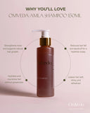 OmVeda amla shampoo 150 ml bottle with white pump, brown bottle
