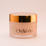 OmVeda Golden Glow revitalising moisturiser jar, gold cap, 50 ml