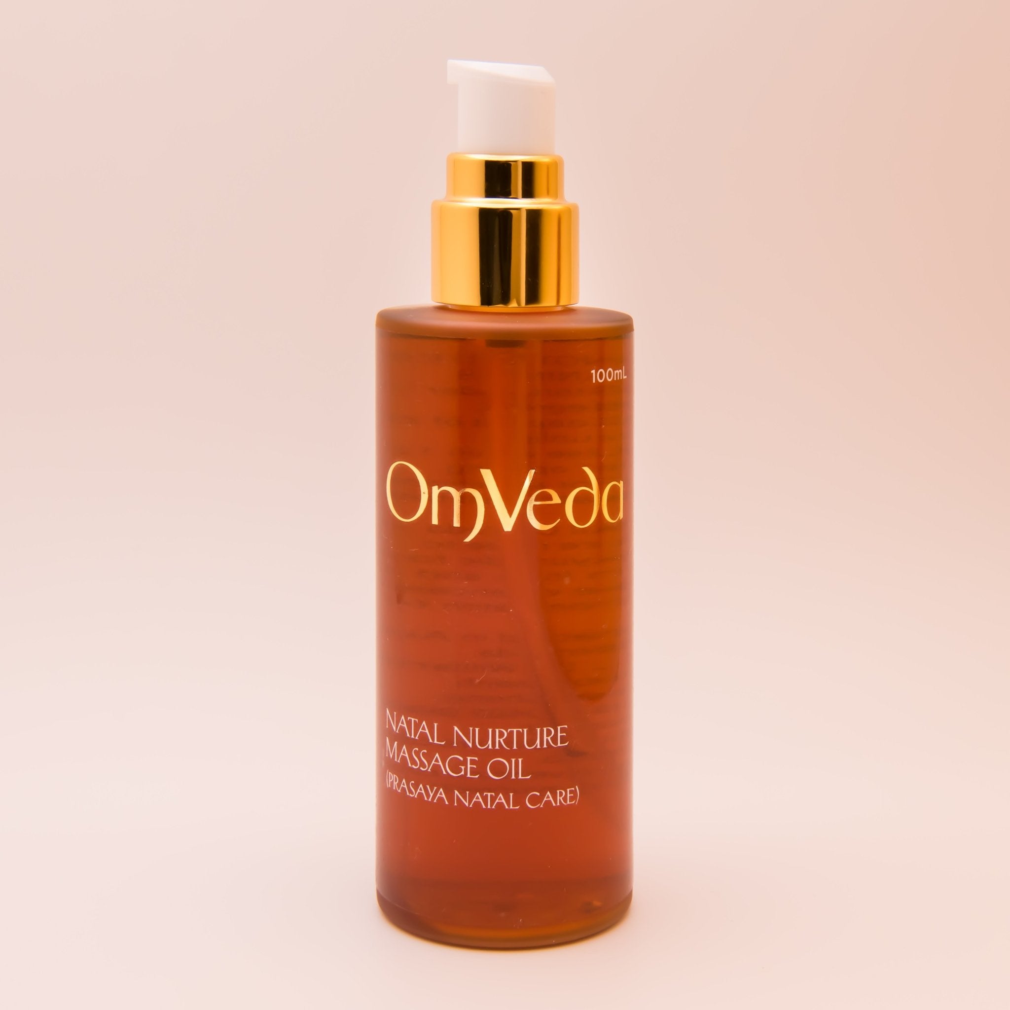 OmVeda Natal Nurture massage oil 100ml amber bottle with gold pump