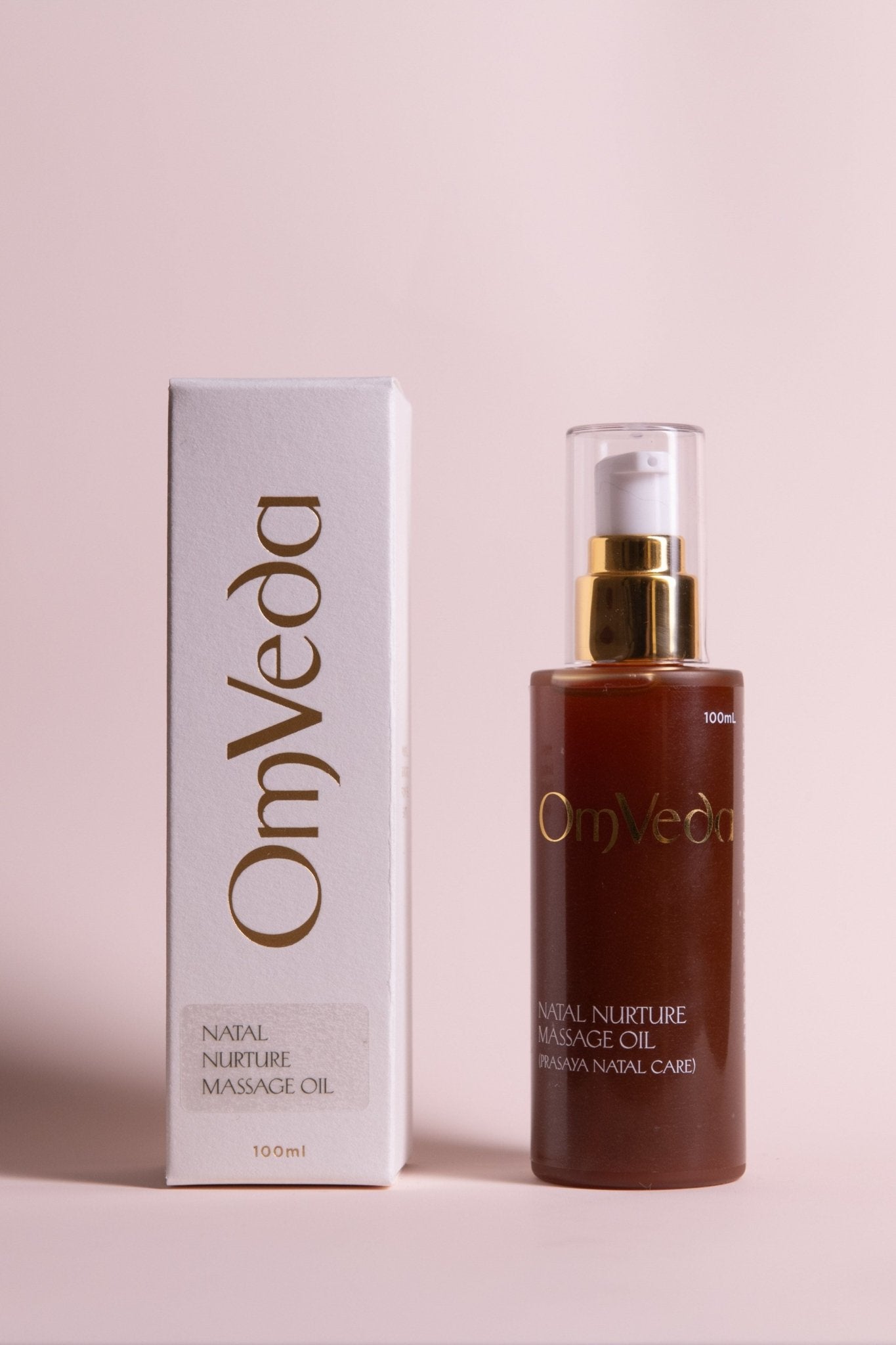 OmVeda Natal Nurture massage oil bottle with pump and matching product box, 100ml