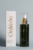 Recovery body oil bottle with gold pump and matching box, dark green glass, 100ml