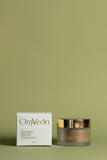 OmVeda refining fennel exfoliant box and jar, 50ml, with gold lid.
