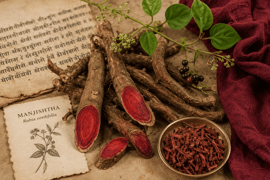 Manjistha root, dyed fabric and old book