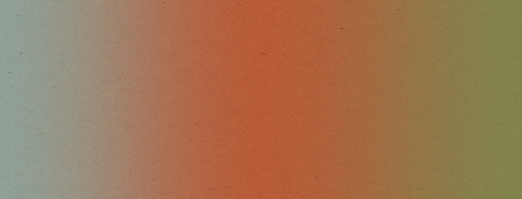 A square color swatch showing a smooth vertical gradient transitioning from pale mint green on the left, through orange and peach in the center, to muted olive green on the right.